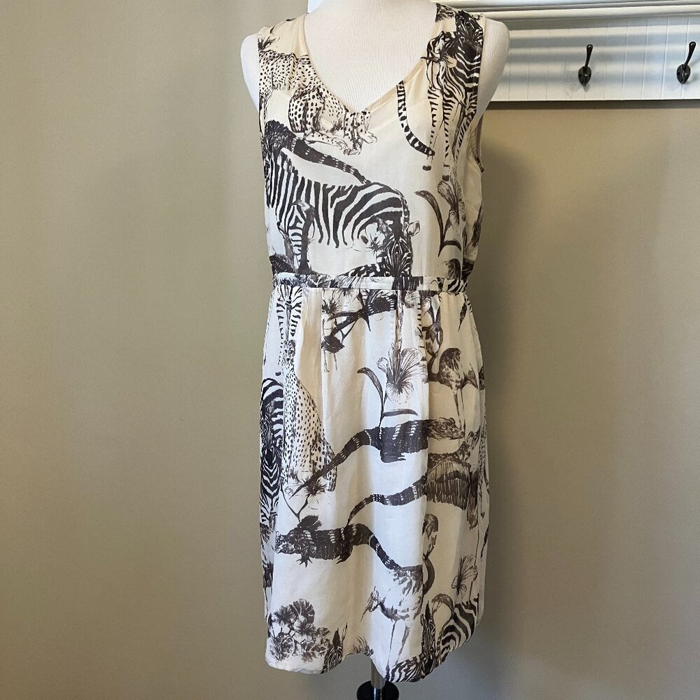 Madewell Women's Ivory Safari Silk Dress Size 8 Sleeveless V-Neck Elephant Zebra